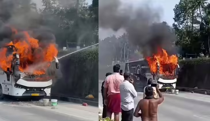 കഴക്കൂട്ടത്ത് ഓടിക്കൊണ്ടിരുന്ന ടൂറിസ്റ്റ് ബസിന് തീപിടിച്ചു; മുൻഭാഗം കത്തിനശിച്ചു